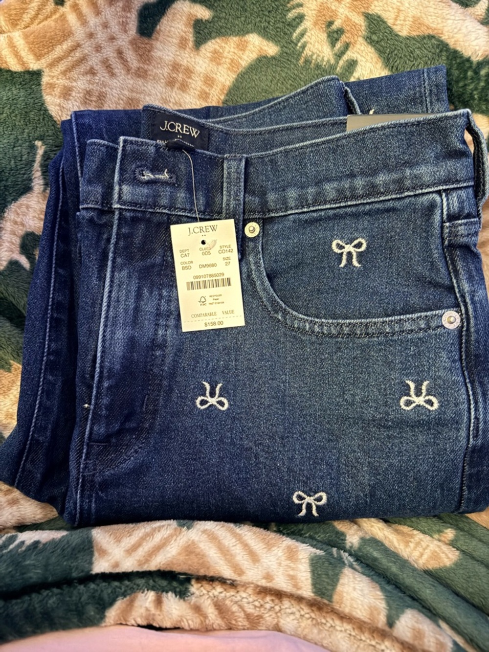 J. Crew Dark Blue Straight-Leg Jeans with White Bow Embroidery - Picture 2 of 4